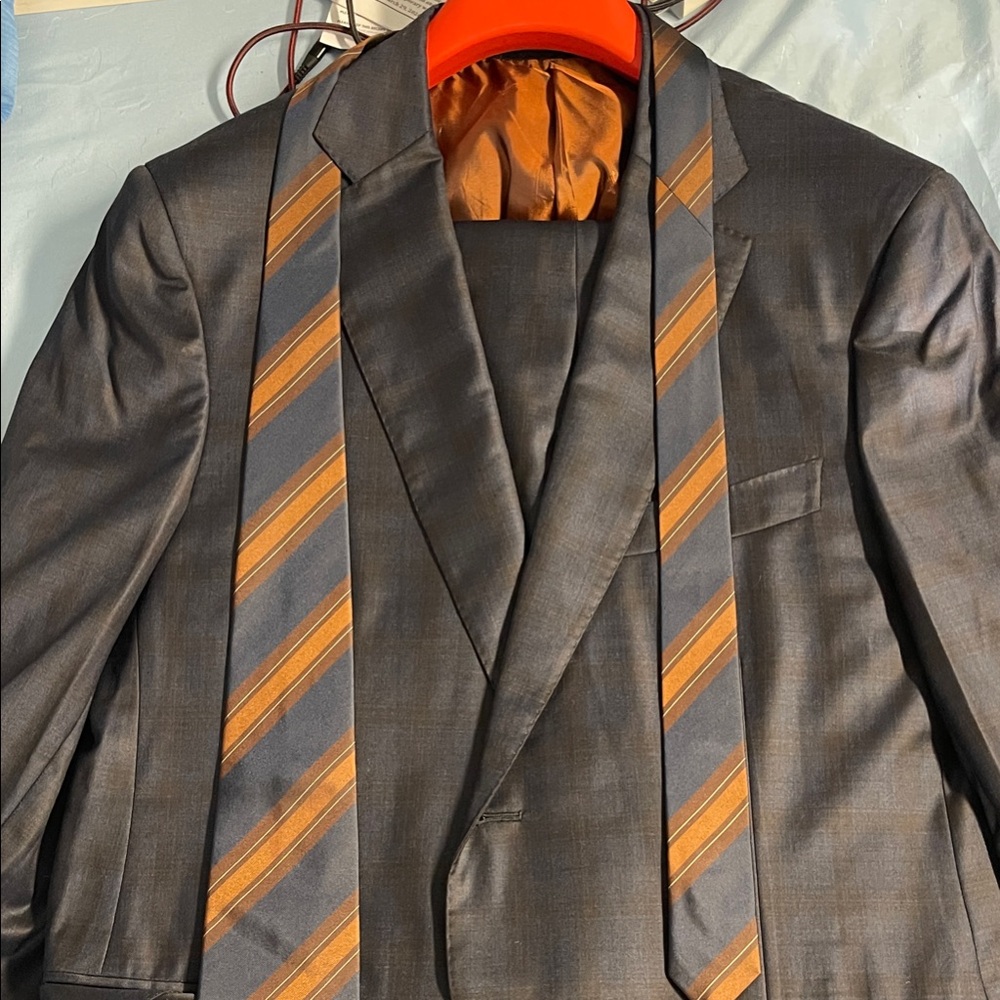 Isaia Charcoal Suit with faint Brown Windowpane and Brown Lined Interior